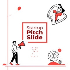 Poster - Startup pitch slide with a man holding a megaphone and a woman working on a laptop symbolizing business growth and presentation
