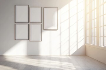 Poster - Minimalist gallery interior featuring empty frames and natural light in a serene environment, Minimalist gallery interior with five empty picture frames on sunlit wall