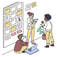 Poster - Diverse team collaborating around a large sticky note board discussing ideas and tasks on a whiteboard with a laptop and plant in a modern office setting