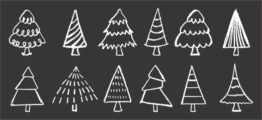 Poster - Set of Christmas tree doodles in pastel charcoal style. Hand-drawn by children on black blackboard using white wax and squiggle lines. Vector Xmas elements collection for school, kindergarten designs