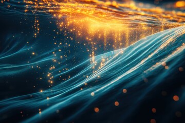 Poster - Underwater glow rays illuminate smooth waves at twilight, Underwater glow rays smooth waves 3d