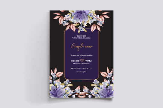 WEDDING INVITATION FRAME WITH FLOWER DECORATIONS AND FRESH LEAVES
