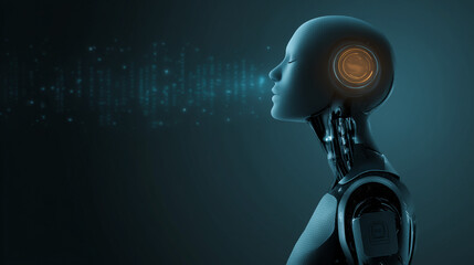 Poster - futuristic humanoid robot head in profile, with glowing sound waves emanating from its ear, symbolizing AI communication and advanced technology on a dark background.

