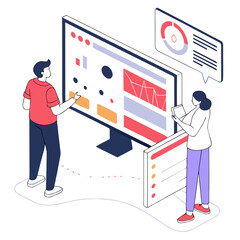 Poster - Two people collaborating on a digital dashboard with charts and graphs on a large monitor and a tablet in an isometric perspective