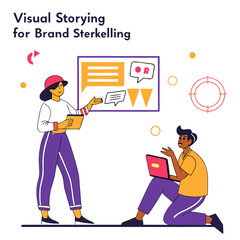 Poster - Two diverse professionals collaborating on a presentation about visual storytelling and brand building using a whiteboard with speech bubbles and a target graphic