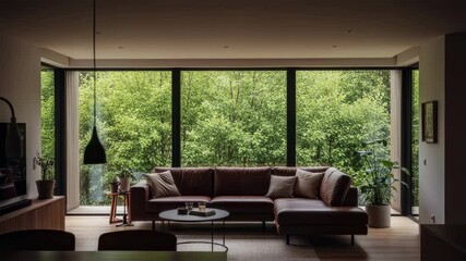 Poster - Minimalist home interior with warm leather seating green foliage and floortoceiling windows overlooking outdoor greenery.