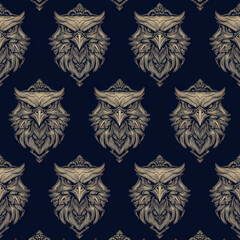 Poster - Seamless stylized pattern of detailed bald eagle heads on dark background for unique design projects and creative uses