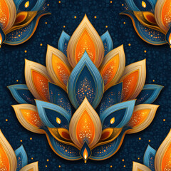 Poster - Seamless Pattern of Stylized Diyas with Sparkles on Midnight Blue Background for Festive Decorations