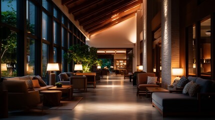 Poster - Cozy and serene lounge area in a modern building with warm lighting and lush greenery