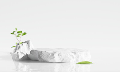 Fototapete - 3D Rendering. White Rock Podium with Green Leaves Reflecting in Water for Natural Product Display