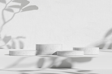 Fototapete - 3D Rendering. Minimalist White Product Display Podiums with Plant Shadows on Textured Wall for Cosmetic or Skincare Presentation