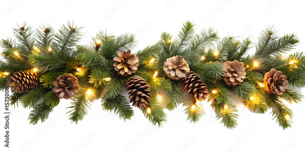 A festive christmas garland with pine cones and glowing lights creates ...