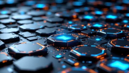 Poster - Futuristic dark surface with illuminated hexagonal and square elements glowing with blue and orange light