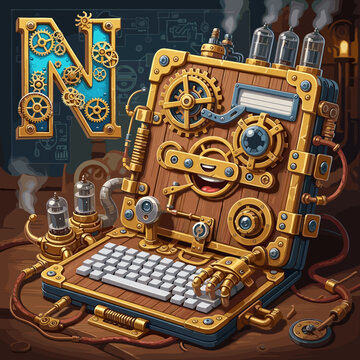 Steampunk style notebook computer with letter N, concept for technology or industrial design. Steampunk Style Alphabet