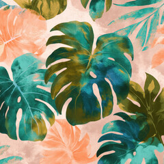 Poster - Stylized Tropical Foliage Seamless Pattern in Vibrant Colors for Engaging Design Projects and Creative Applications