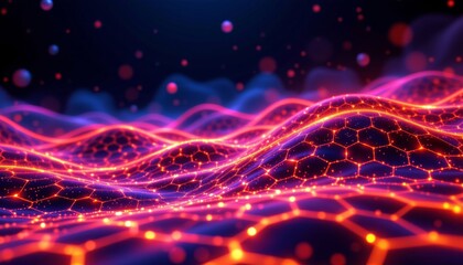 Poster - Abstract glowing digital network with red and blue hexagonal patterns and floating particles
