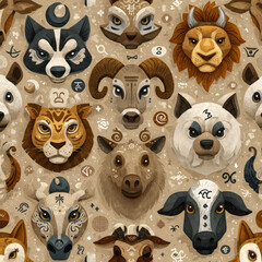 Poster - Stylized Zodiac Animal Heads Seamless Pattern for Creative and Decorative Use in Various Applications