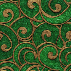 Poster - Symmetrical Vine Curls and Lotus Design with Rich Green and Gold Texture in Elegant Seamless Pattern