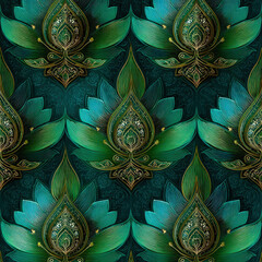 Poster - Symmetrical Vine Curls with Lotus Design in Elegant Green Tones for Decorative Seamless Pattern