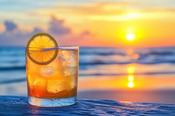 Wall Mural - Refreshing cocktail with lemon slice by the beach at sunset, Refreshing cocktail with lemon slice by beach during sunset