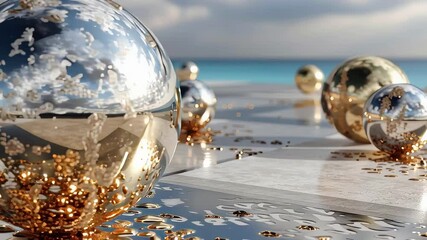 Poster - Artistic sphere with Earth-like continents in gold texture on a cracked stone surface, featuring metallic sheen and photorealistic reflections