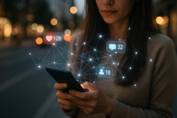 Poster - Social Connectivity: A woman engrossed in her mobile, with vibrant icons of social media illuminating a connection network, reflecting a world of digital interactions and online engagement.