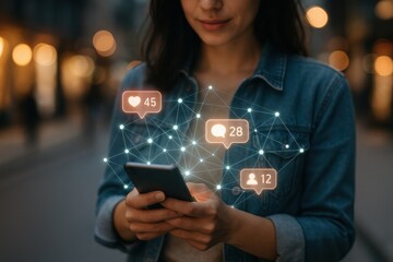 Fototapete - Social Connectivity: A person interacts with their device, visualized with glowing digital icons representing connection, feedback, and network engagement.