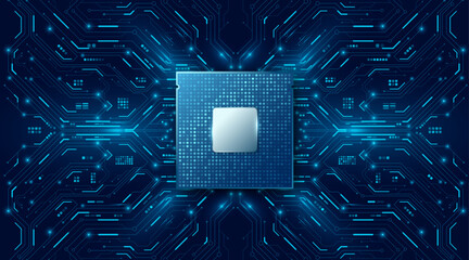 Poster - Futuristic CPU microchip with illuminated circuit board on dark blue background. Glowing hi-tech motherboard design with data connections, processor and electronic elements. Vector illustration.