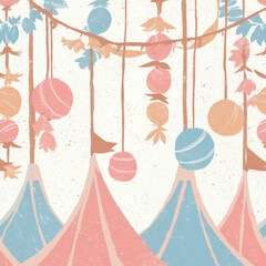 Poster - Seamless Pattern of Thai Garlands with Sweet Treats in Pastel Colors for Decorative Use