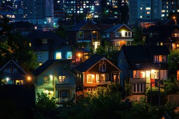 Poster - Nighttime city skyline shows glowing houses and towering skyscrapers in vibrant urban environment, Night timelapse of houses and skyscrapers in a city