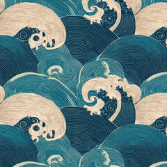 Poster - Seamless Thai Lotus Swirls Pattern Featuring Seigaiha Waves in Elegant Design Perfect for Backgrounds and Textiles