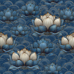 Poster - Seamless Pattern of Thai Lotus Swirls with Seigaiha Motif in Elegant Blue and Gold Tones