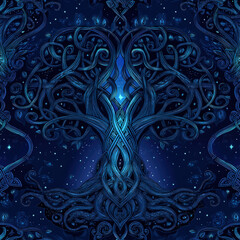 Poster - Seamless Pattern of Yggdrasil Tree Design Featuring Intricate Details and Magical Elements