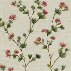 Poster - Delicate Watercolor Blossoms on Vine Seamless Pattern Design for Fabric and Wallpaper Background