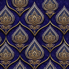 Poster - Traditional Prajam Yam Motif Seamless Pattern Featuring Intricate Gold and Navy Blue Design Elements