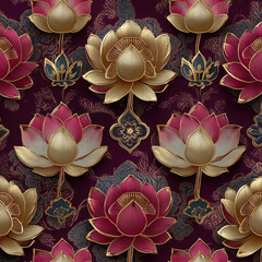 Poster - Traditional Thai Lotus Blossom Seamless Pattern in Rich Gold and Deep Red for Textile and Wallpaper Design