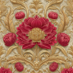 Poster - Traditional Thai Lotus Blossom Seamless Pattern in Rich Red and Gold Tones with Intricate Floral Design