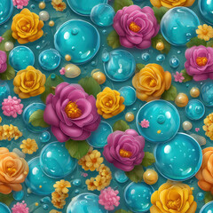 Poster - Seamless Pattern of Vibrant Water Splashes and Colorful Floral Design with Bubbles and Flowers
