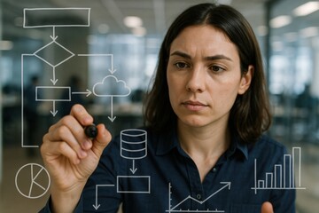 Poster - Businesswoman Designing Flowchart: A focused businesswoman, immersed in the intricate task of sketching a complex flowchart. She's outlining and optimizing business processes to elevate efficiency.