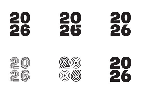 Six Variations of 2026 Year Number Designs Black Bold and Linear Styles White Background