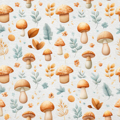 Poster - Whimsical Cottage Seamless Pattern with Colorful Mushrooms and Delicate Floral Elements for Background Design