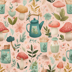 Poster - Whimsical Seamless Pattern Featuring Cottage Elements, Mushrooms, and Floral Designs in Soft Pastel Tones