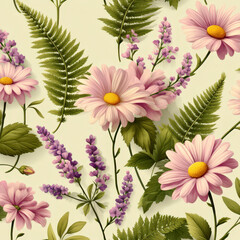 Poster - Seamless Pattern Featuring Wild Daisies, Lavender, and Fern on Soft Yellow Background for Elegant Design Projects