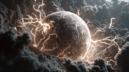 Wall Mural - Planet's Energy Surge: The celestial sphere pulses with power as lightning crackles, illuminating an unseen world amidst a sea of cosmic clouds, hinting at the vastness of space.