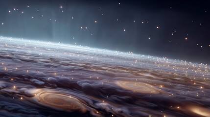 Wall Mural - Cosmic Symphony: A captivating view of a distant planet showcasing a mesmerizing celestial display of swirling clouds, illuminated by countless stars, creating a unique galactic landscape.