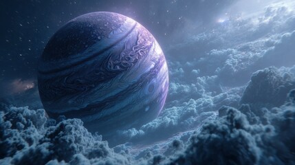 Wall Mural - Cosmic Symphony: An awe-inspiring vista unveils a vibrant celestial sphere amidst a tranquil, ethereal expanse of clouds, painting a portrait of boundless, universal mystery.
