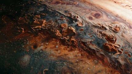 Wall Mural - Jupiter's Enigmatic Realm: A close-up of the swirling, atmospheric dance across the surface of Jupiter, revealing intricate details and dynamic patterns of the gas giant.