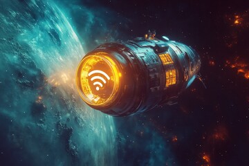 Poster - Space capsule equipped with WiFi icon navigates through cosmic depths on exploratory mission, Space capsule with WiFi icon, exploring cosmic depths,
