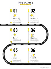 Poster - Infographic template. 6 Step timeline journey. Process diagram, 6 options on white background, Infograph elements, business, education, modern vector illustration