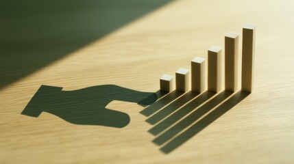 Poster - A hand shadow on a wooden surface points to ascending blocks, symbolizing growth, progress, and success.